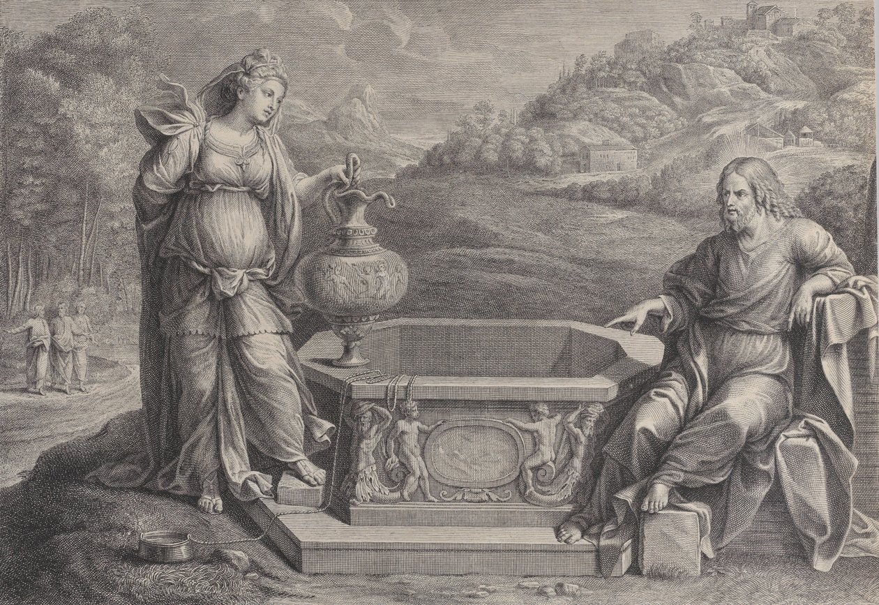 Cristo, sentado à direita, e a mulher de Samaria, que está à esquerda, ca. 1729. de Frédéric Horthemels