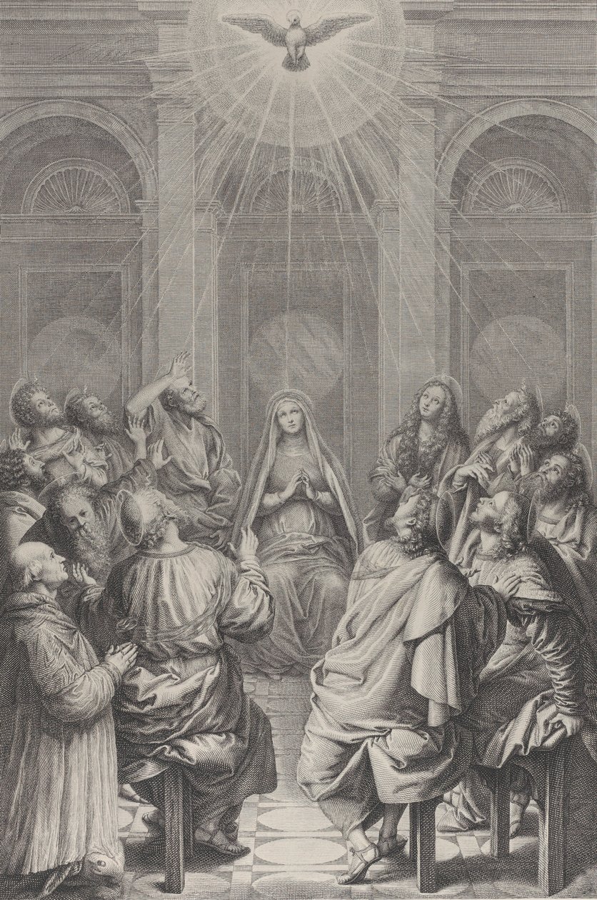 O Pentecostes, com os Apóstolos e a Virgem sentados em círculo, o Espírito Santo ap..., 1729-40. de Frédéric Horthemels