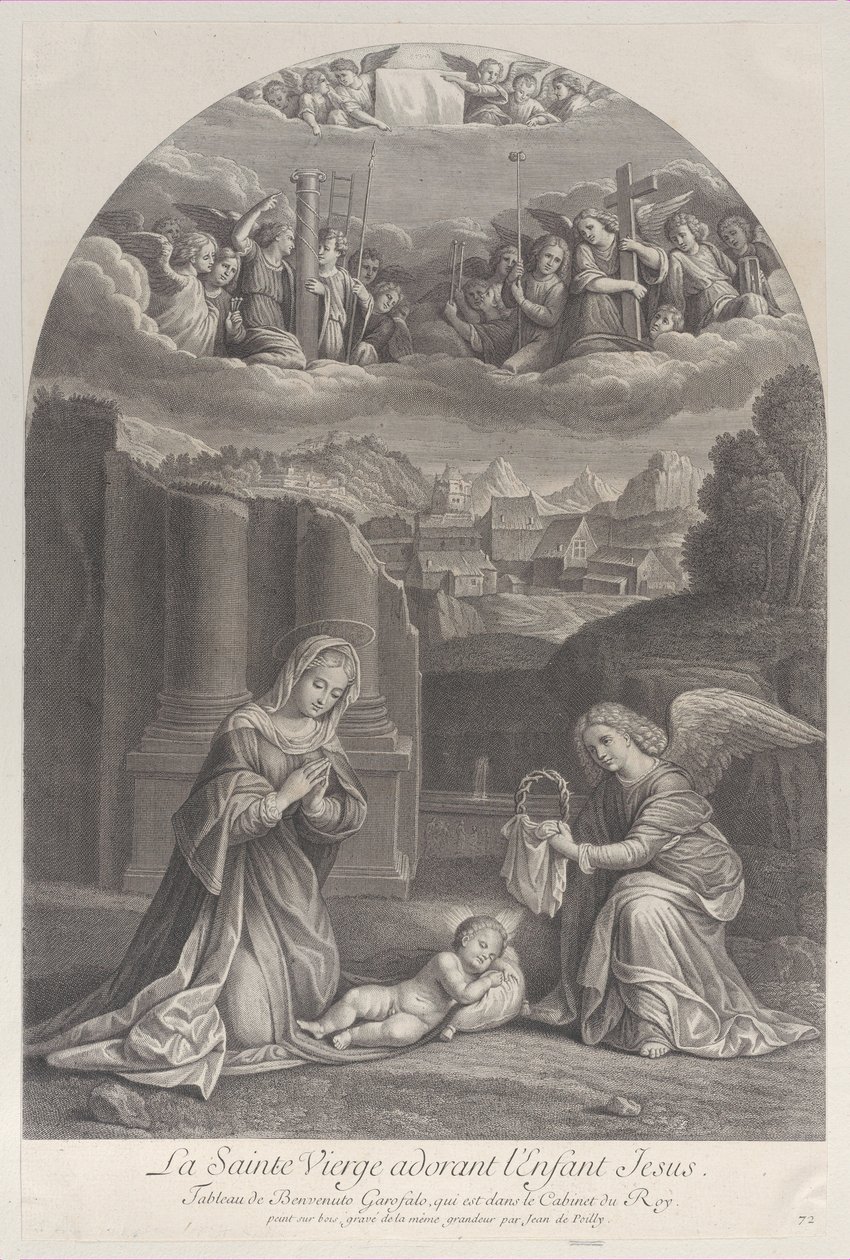 A Virgem Maria adorando o Menino Jesus, um anjo segurando uma coroa de espinhos à direita,..., ca. 1729. de Frédéric Horthemels