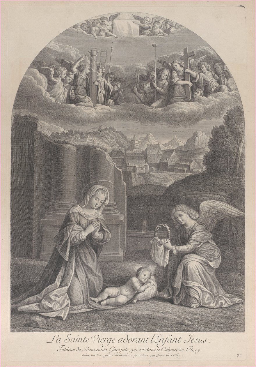 A Virgem Maria adorando o Menino Jesus, um anjo segurando uma coroa de espinhos à direita,..., ca. 1729. de Frédéric Horthemels