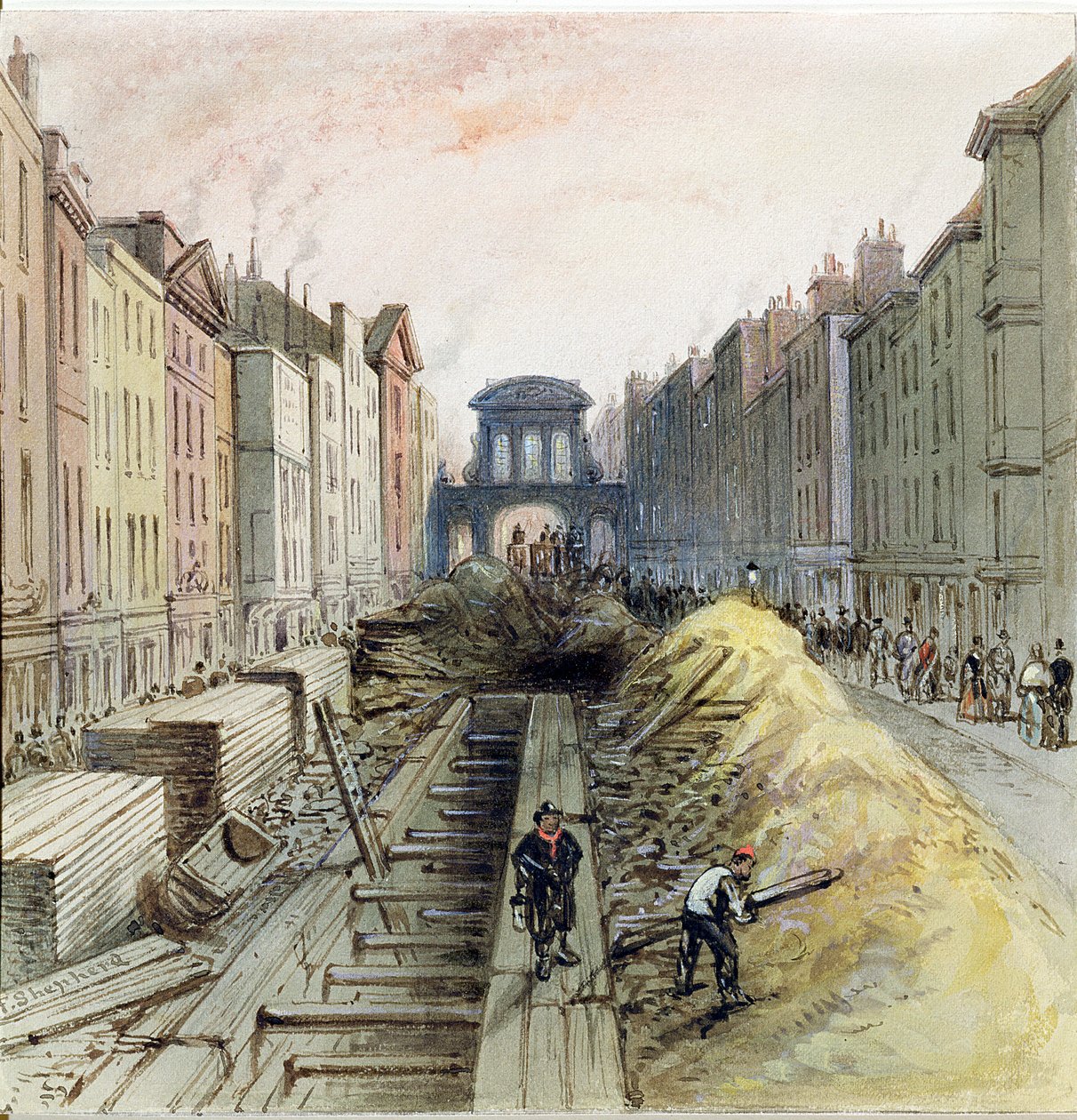 Fleet Street com o novo esgoto comum em construção, 1845 de Frederick Shepherd