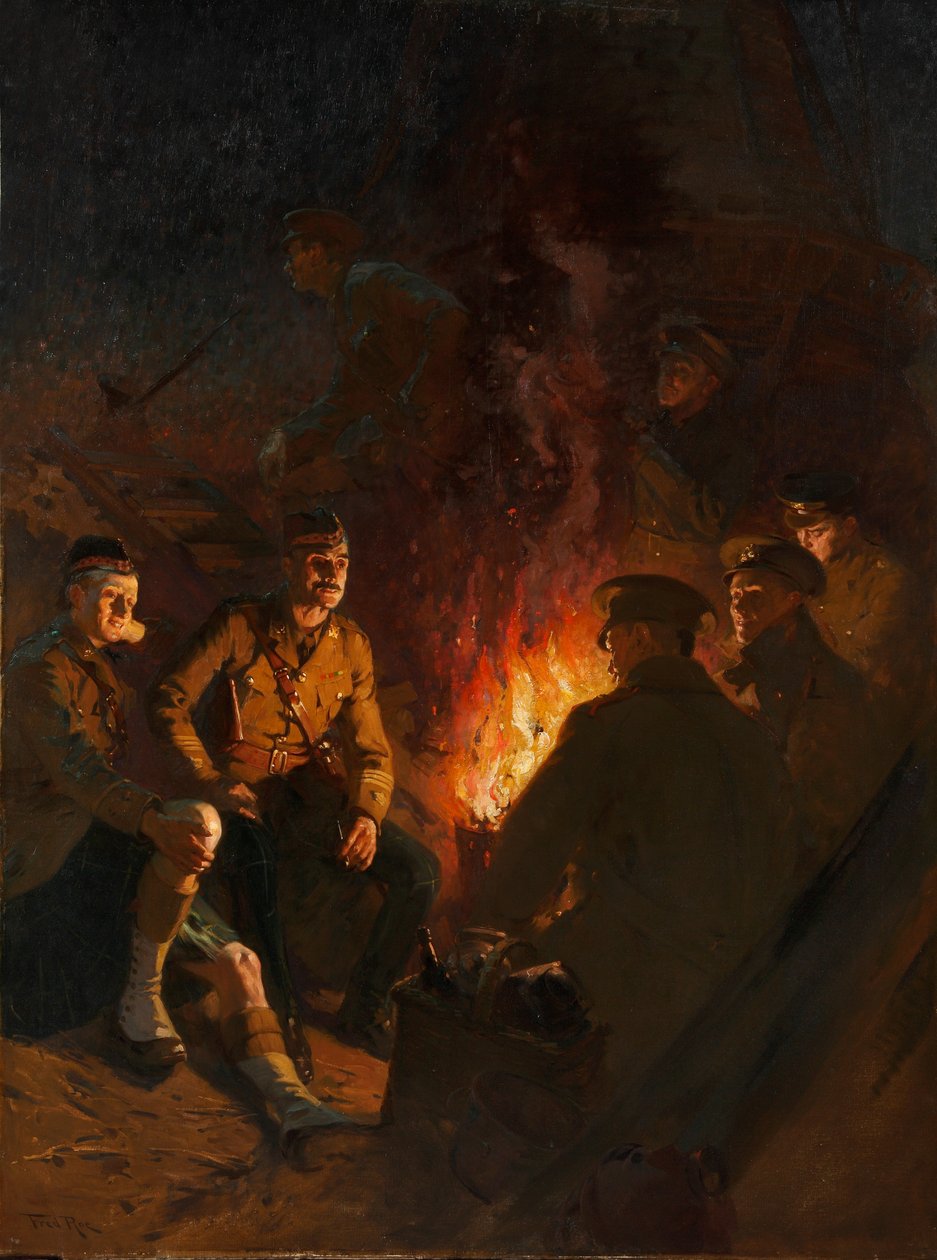 Algures na frente, soldados à volta de um incêndio no acampamento à noite, Frente Ocidental de Fred Roe