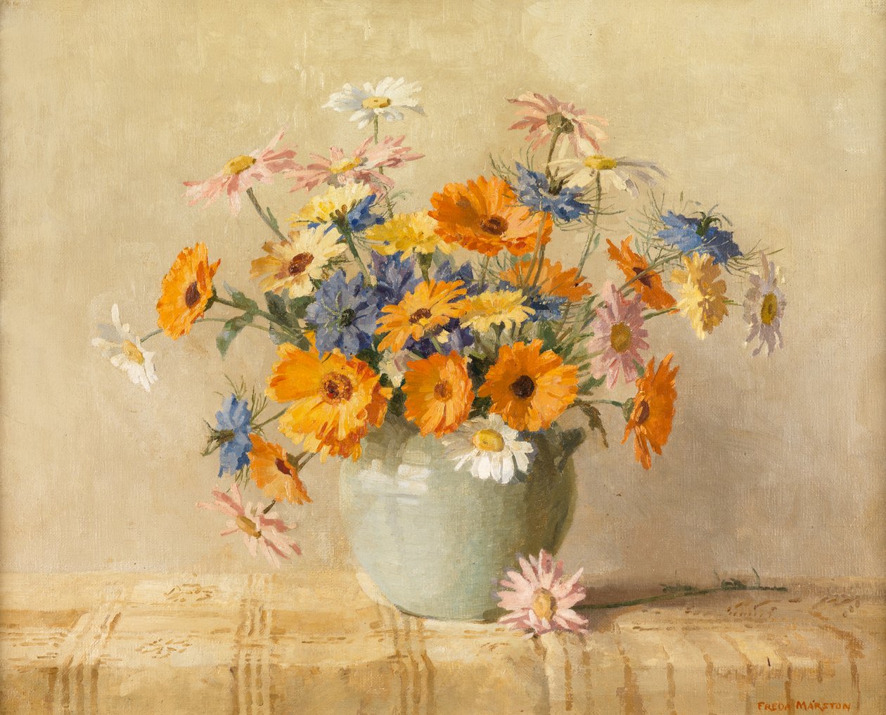 Love-in-a-Mist, Marigold, Oxeye Daisies (Óleo sobre tela) de Freda Marston