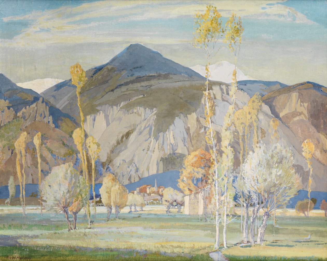 Os Alpes Marítimos, perto de Alassio (Tempera em seda colocada em painel) de Freda Marston