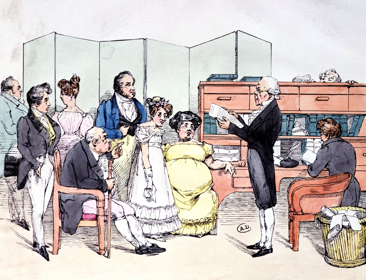 &39;Graças ao dote&39;, lendo um contrato de casamento no escritório de advocacia, c.1830 de Frederic Bouchot