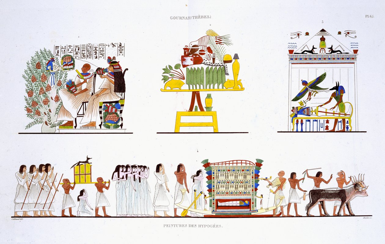 Ritos funerários, de um registro raro de frescos de Tebas, gravado 1819-1822 em sua segunda visita ao Egito por Frederic Cailliaud (1787-1869), cor litho de Frederic Cailliaud
