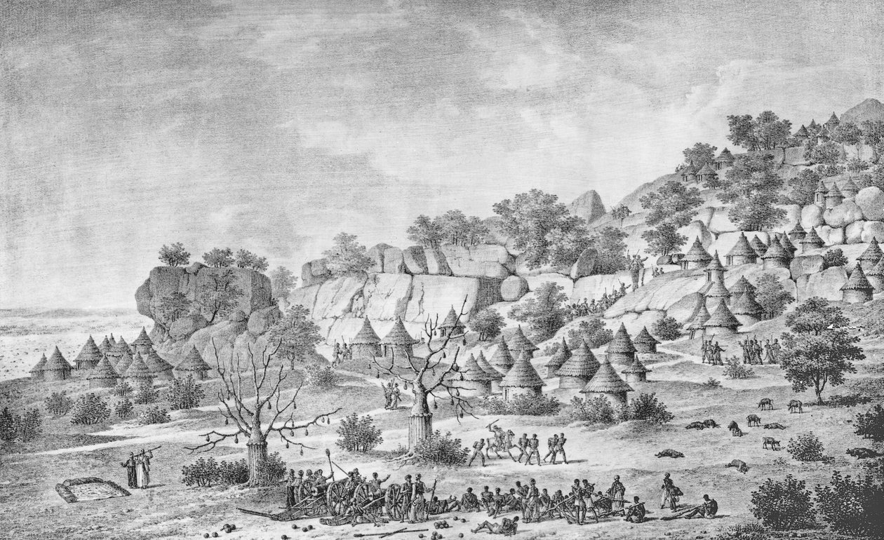 Vista da aldeia ao norte de Agady na região de Bertat, de &39;Viagem a Meroe: ao Rio Branco, além de Fazoq no sul do reino de Snnar a Syouah&39;, publicado em 1827 de Frederic Cailliaud