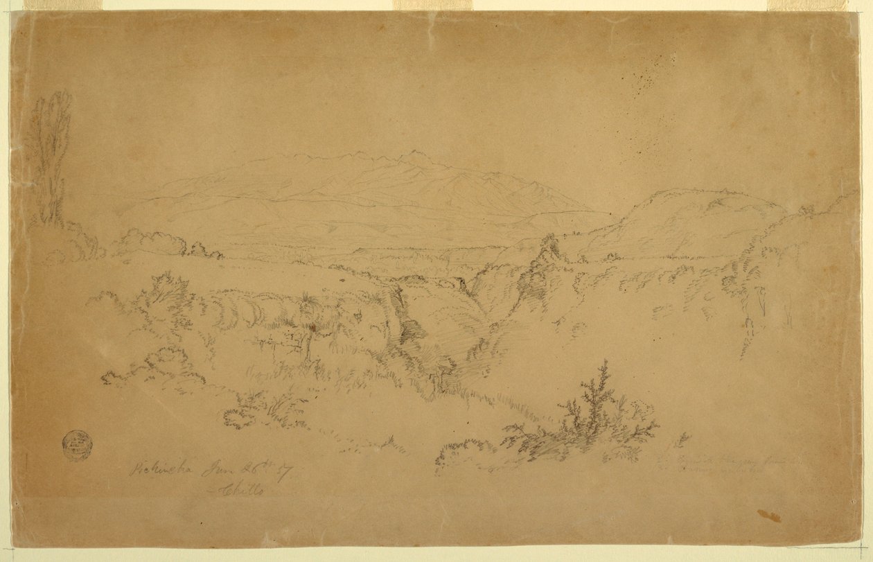 Desenho, vista do Monte Pichincha de Chillo, Equador, 26 de junho de 1857 de Frederic Edwin Church