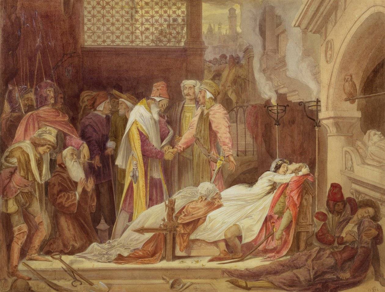 A Reconciliação dos Montes e dos Capuletos, c.1854 (wc, bodycolour e goma sobre grafite sobre papel) de Frederic Leighton