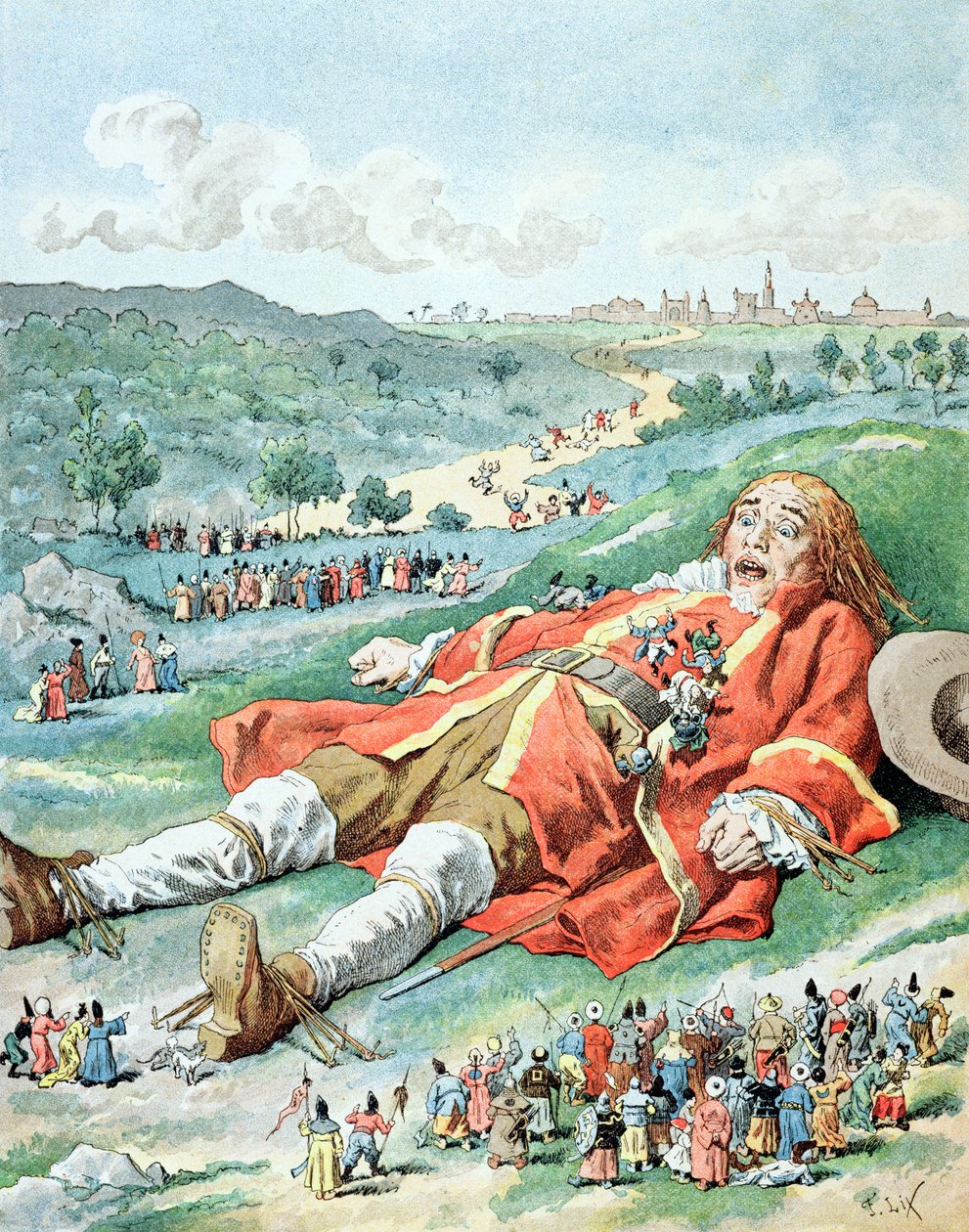 &39;Encontrei meus braços e pernas amarrados ao chão ...&39;, ilustração de &39;Gulliver&39;s Travels&39; de Jonathan Swift (1667-1745) de Frederic Theodore Lix