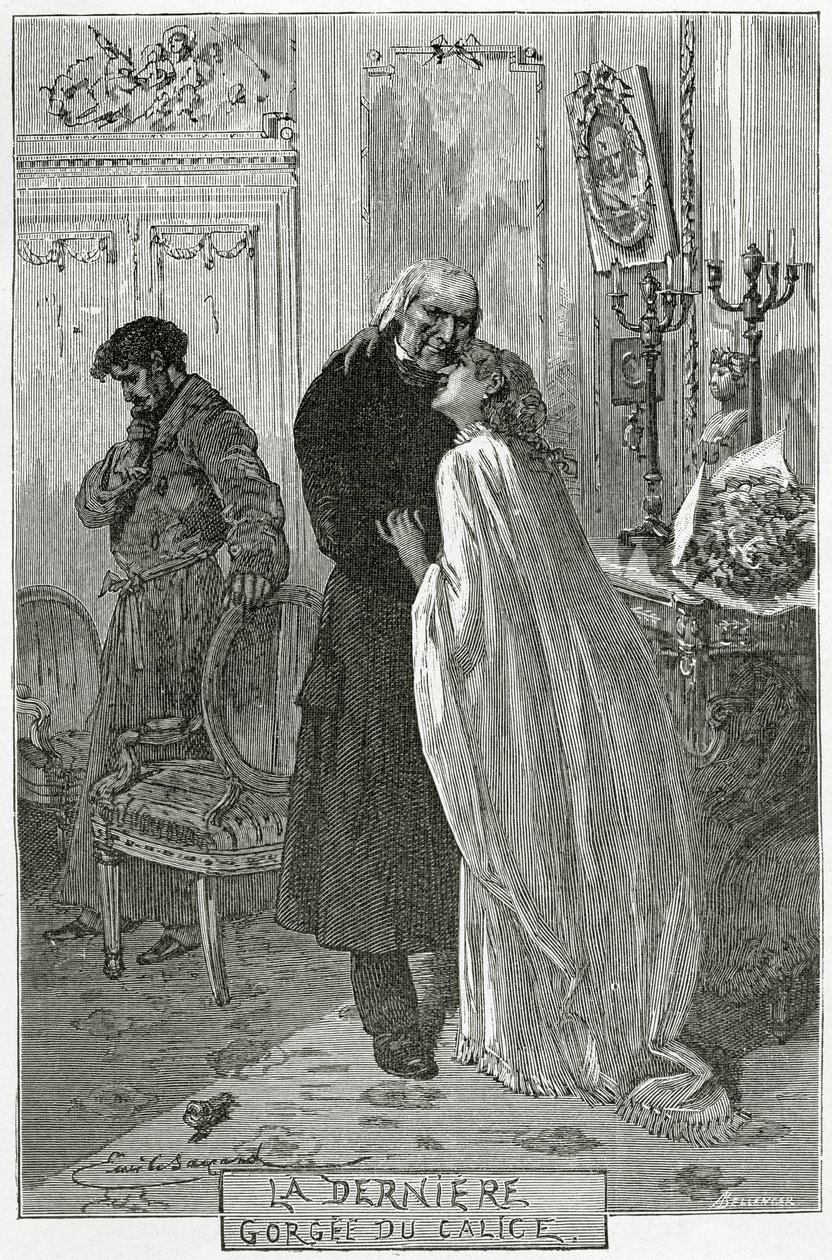O último desfiladeiro de cálice - ilustração de Les Miserables, do século XIX (gravura bw) de Frederic Theodore Lix