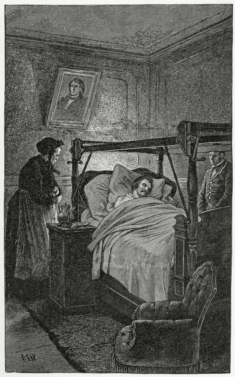 Morte de Balzac - ilustração de coisas vistas, século XIX (gravura de bw) de Frederic Theodore Lix