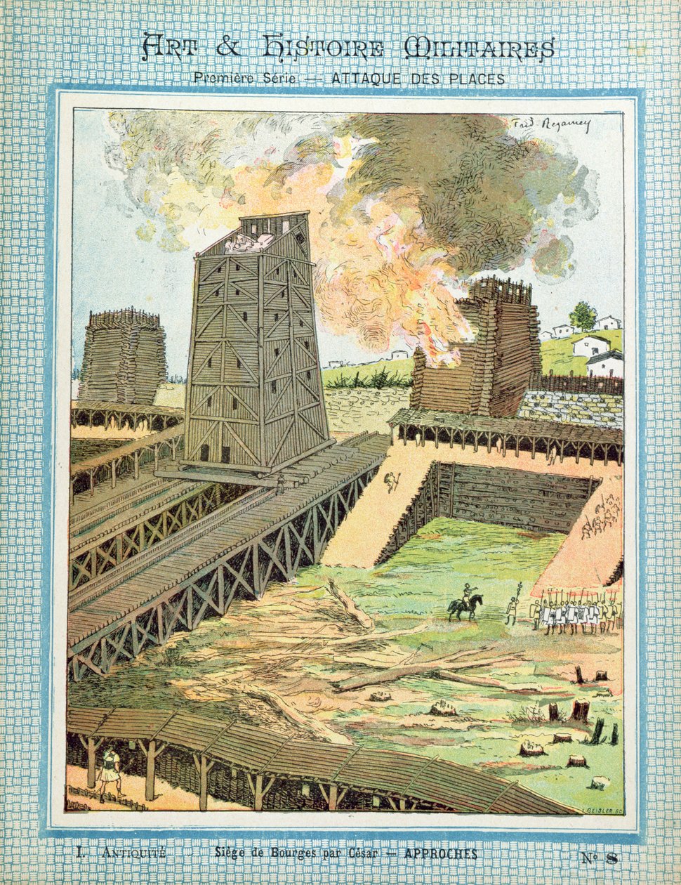 O cerco de Bourges durante a invasão da Gália por Júlio César (100-44 aC) a partir de uma capa protetora para livros escolares, final do século XIX de Frederic Regamey