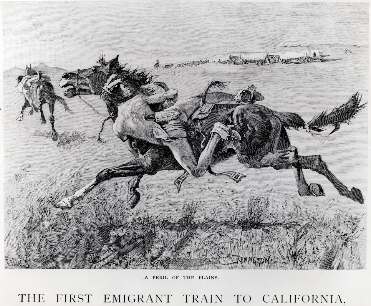 Um Perigo das Planícies, o Primeiro Trem de Emigrante para a Califórnia, gravado por FHW de Frederic Remington