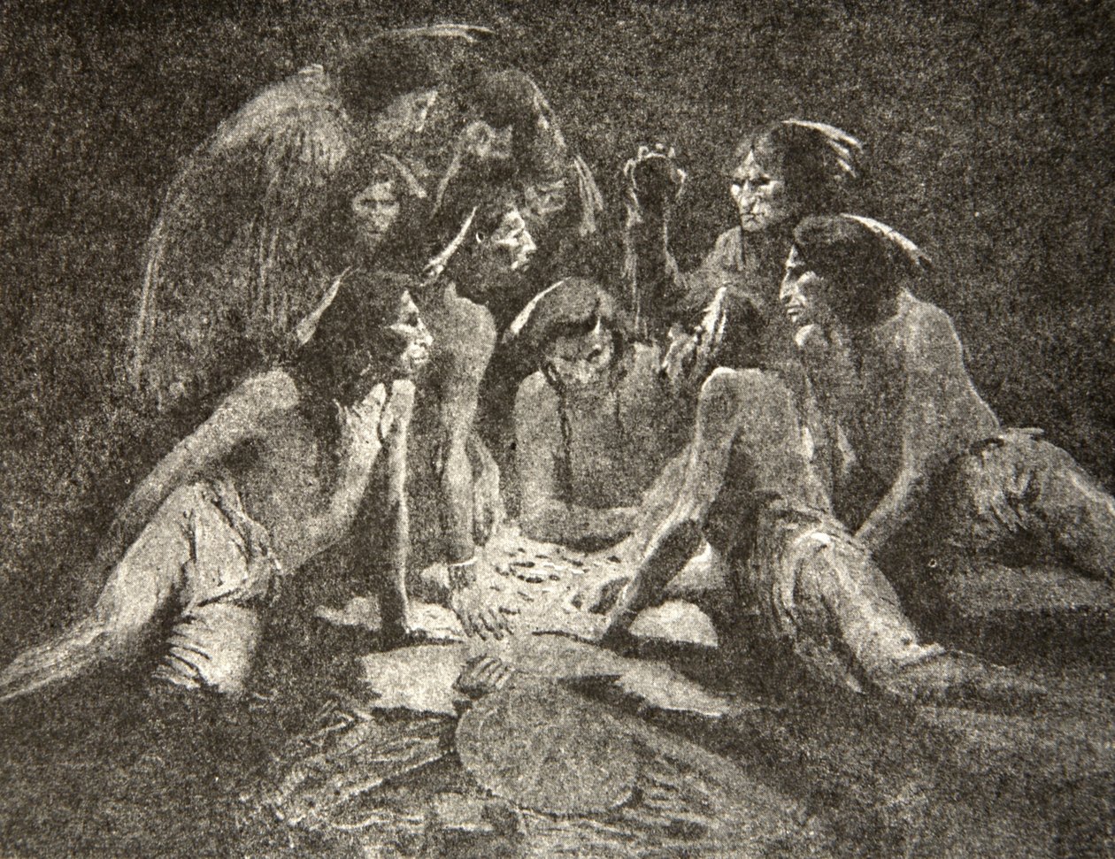Todos os homens velhos e os jovens ... Tocaram até a meia-noite, tocaram até a manhã, de The Song of Hiawatha, de Henry Wadsworth Longfellow (1807-82), pub. por George G. Harrap e companhia Ltd., 1911 de Frederic Remington