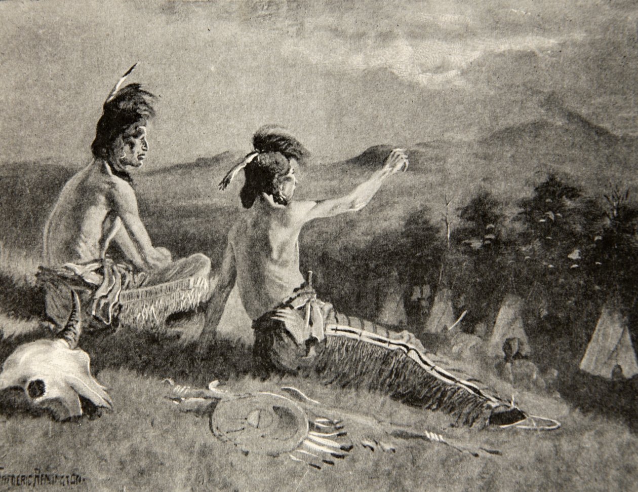 Todas as tribos viram o sinal, Viram a distante fumaça ascendendo, de The Song of Hiawatha, de Henry Wadsworth Longfellow (1807-82), pub. por George G. Harrap e companhia Ltd., 1911 de Frederic Remington