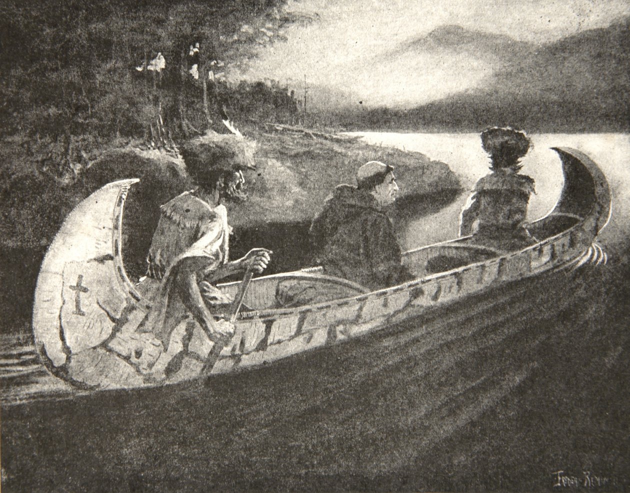 Chegou o chefe da Túnica Negra, ... o rosto pálido, com seus guias e seus companheiros, de The Song of Hiawatha, de Henry Wadsworth Longfellow (1807-82), pub. por George G. Harrap e companhia Ltd., 1911 (lito de Frederic Remington