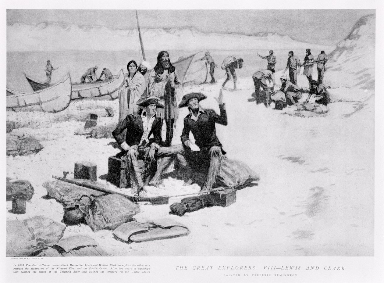 Lewis e Clark na foz do rio Columbia, 1805, da "Collier&39;s Magazine", 12 de maio de 1906 de Frederic Remington