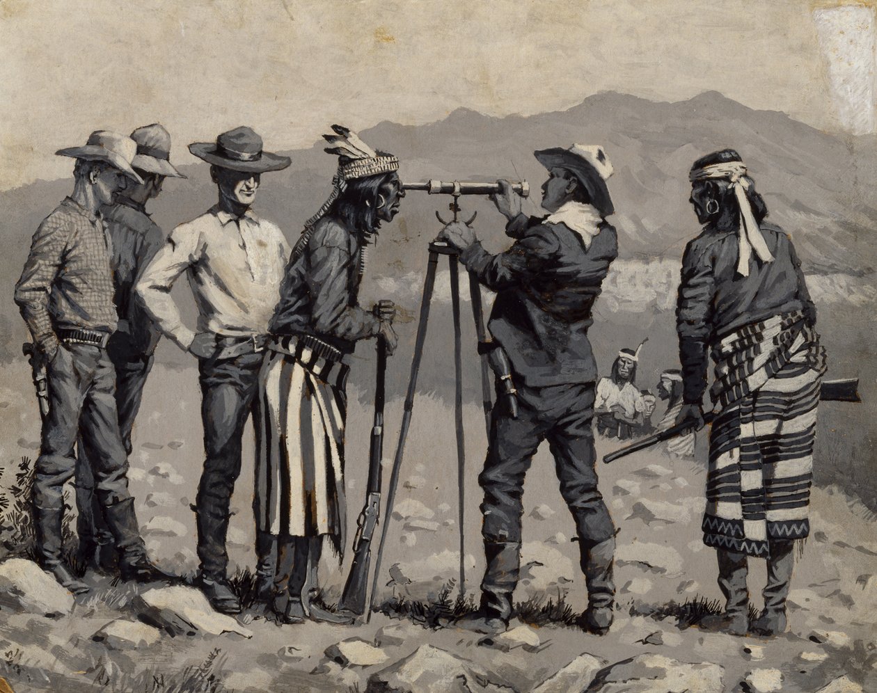 Olhando através do telescópio, c. 1888 (óleo a bordo em preto e branco) de Frederic Remington