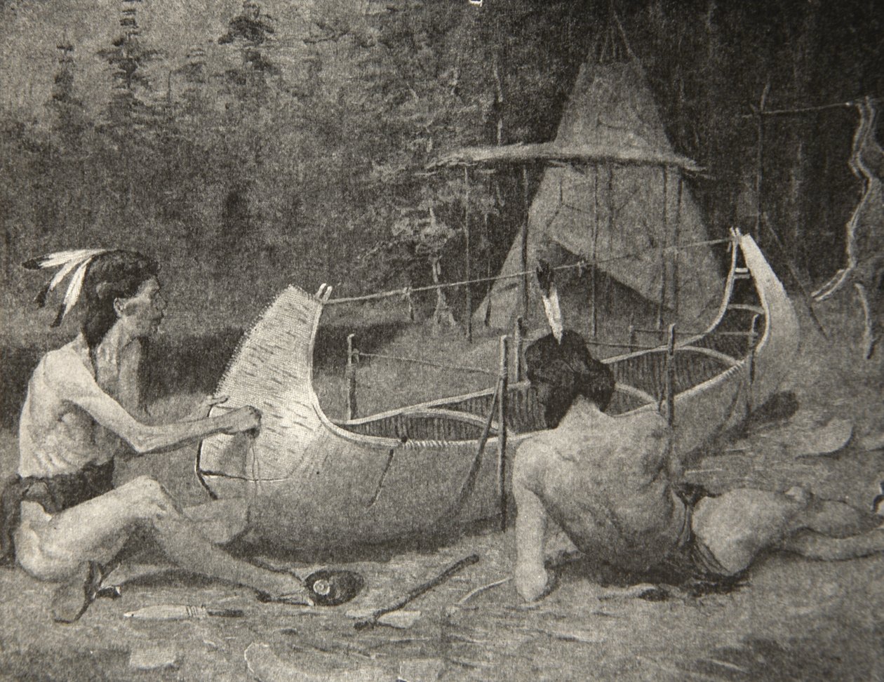Assim, a canoa de bétula foi construída ... No seio da floresta, de The Song of Hiawatha, de Henry Wadsworth Longfellow (1807-82), pub. por George G. Harrap e companhia Ltd., 1911 de Frederic Remington