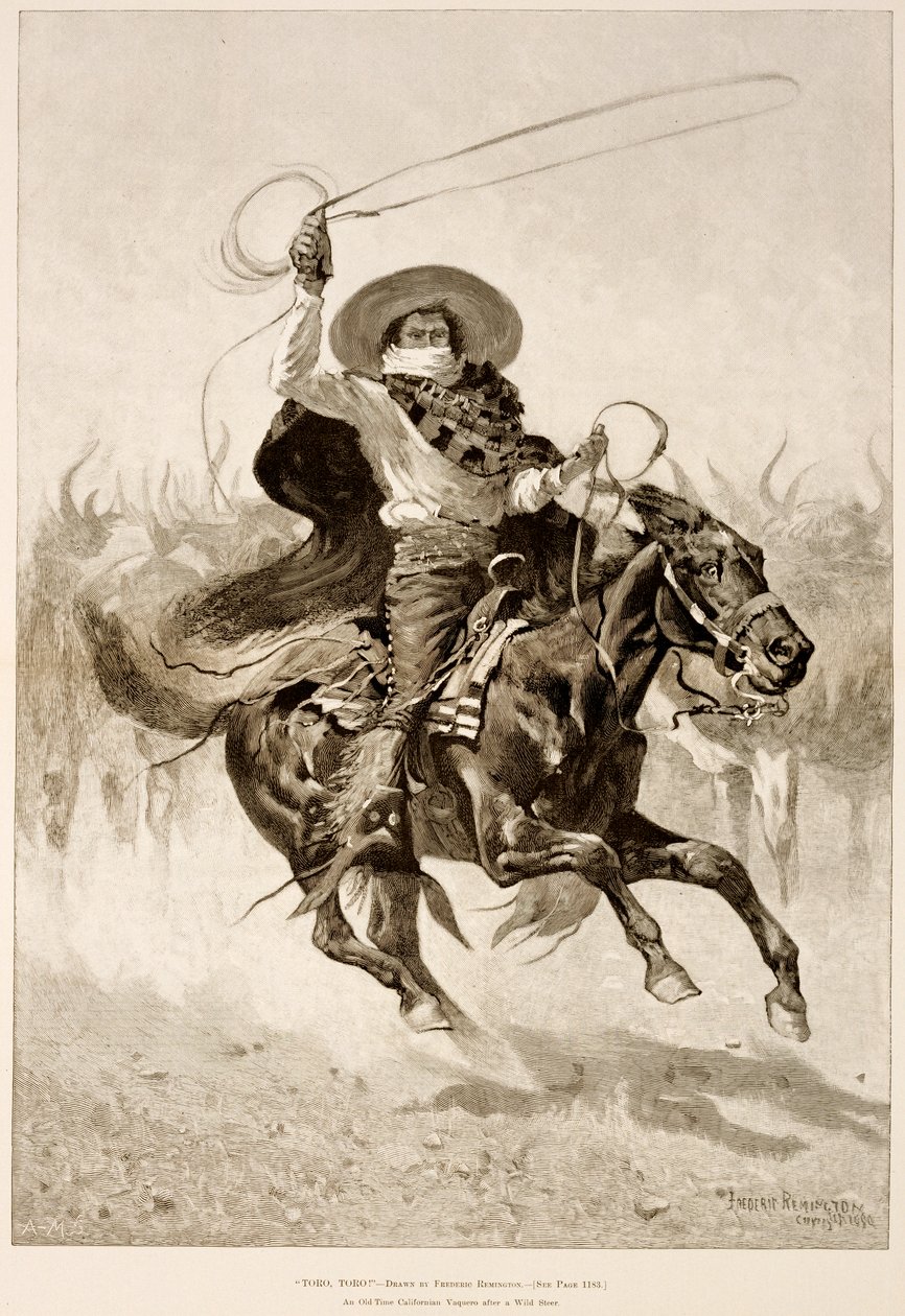 Toro, Toro !, um velho Vaquero Californiano depois de um selvagem Steer (gravura em madeira no papel de jornal) de Frederic Remington
