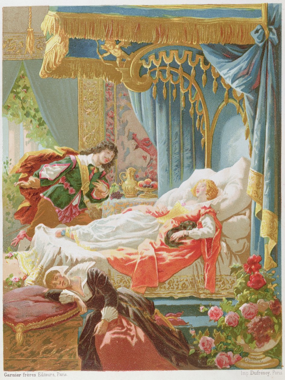 A Bela Adormecida e o Príncipe Encantado, ilustração de uma edição dos contos de fadas de Charles Perrault (1628-1703) gravada por Cruillon, no final do século XIX de Frederic Theodore Lix