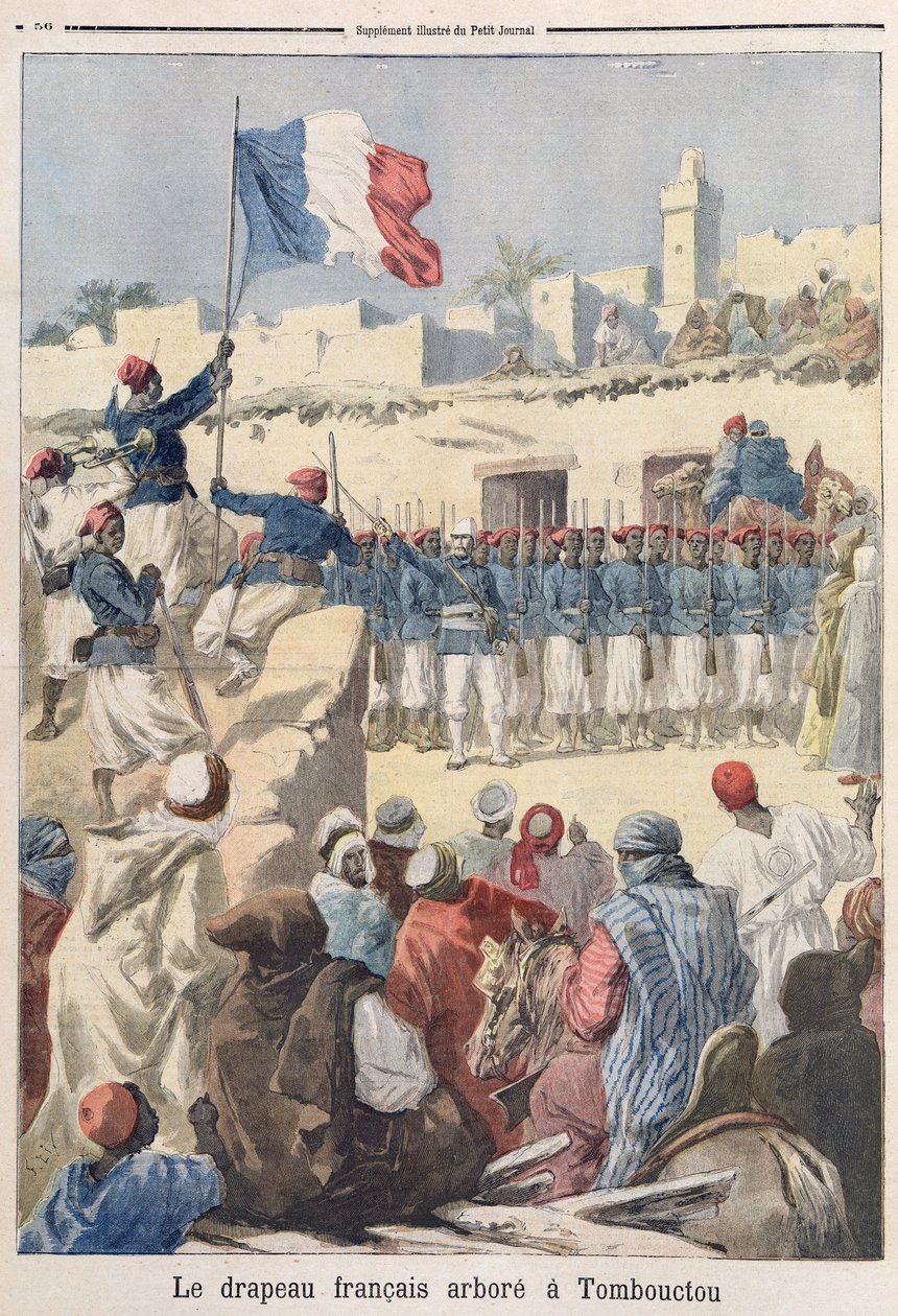 A criação da bandeira francesa em Timbuktu (Mali) de &39;Le Petit Journal&39;, fevereiro de 1894 de Frederic Theodore Lix