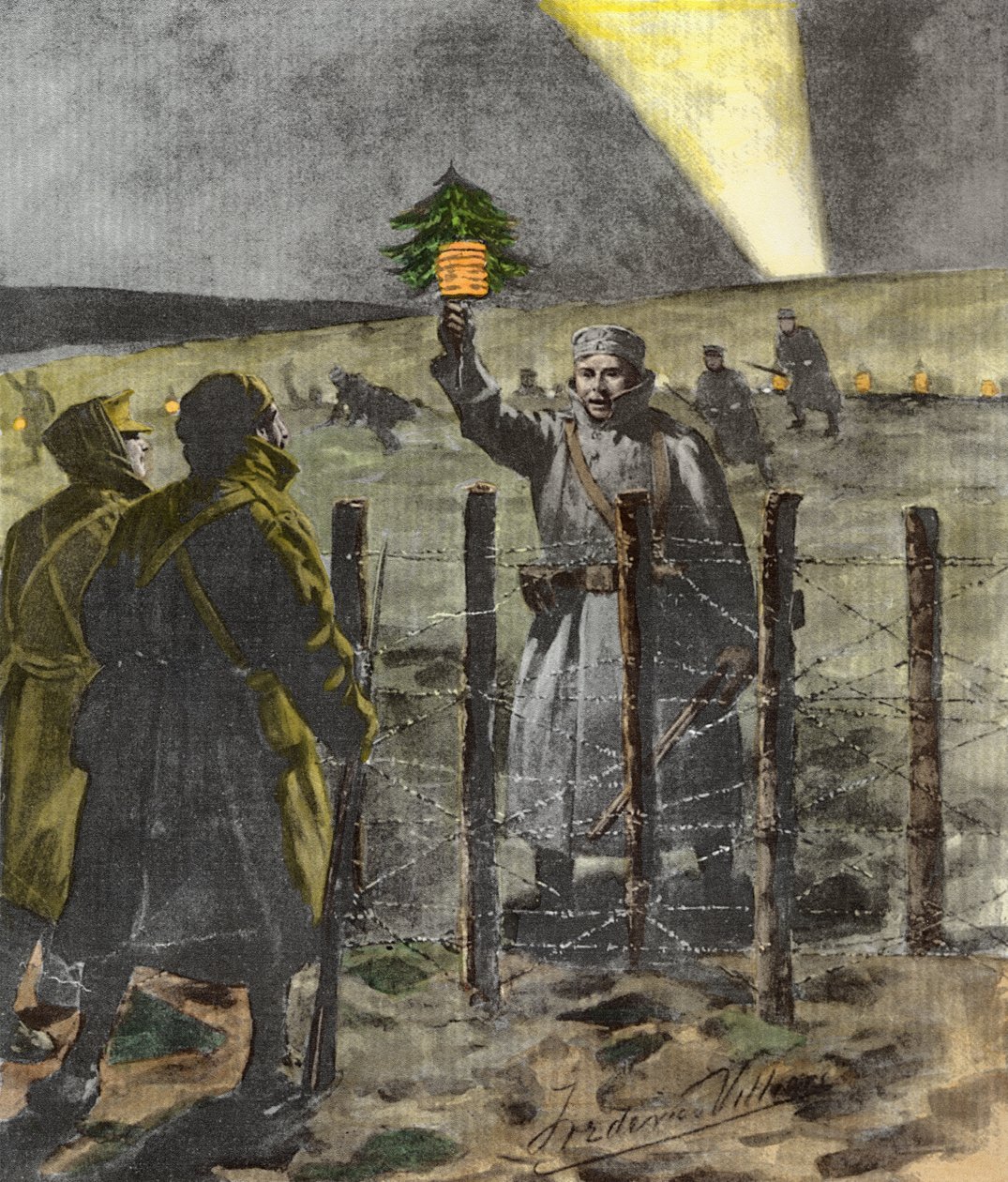 A trégua do dia de Natal de 1914, publicada em 1915 (posterior coloração) de Frederic Villiers