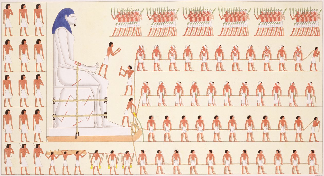 Uma pintura mural em Beni Hasan representando a deslocação de uma estátua colossal de um faraó (cor litho) de Frederic (after) Cailliaud