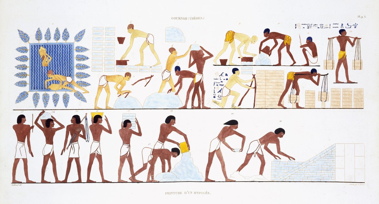 Fabrico de tijolos, de um Raro Registo de Frescos de Tebas, gravado em 1819-1822 na sua segunda visita ao Egipto por Frederic Cailliaud (1787-1869), cor litho de Frederic (after) Cailliaud