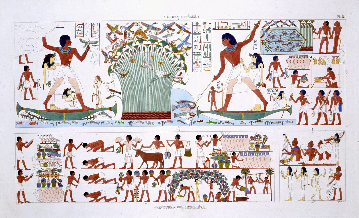 Preparar alimentos para mortos, a partir de um Registo Raro de Frescos de Tebas, gravado em 1819-1822 na sua segunda visita ao Egipto por Frederic Cailliaud (1787-1869), cor litho de Frederic (after) Cailliaud