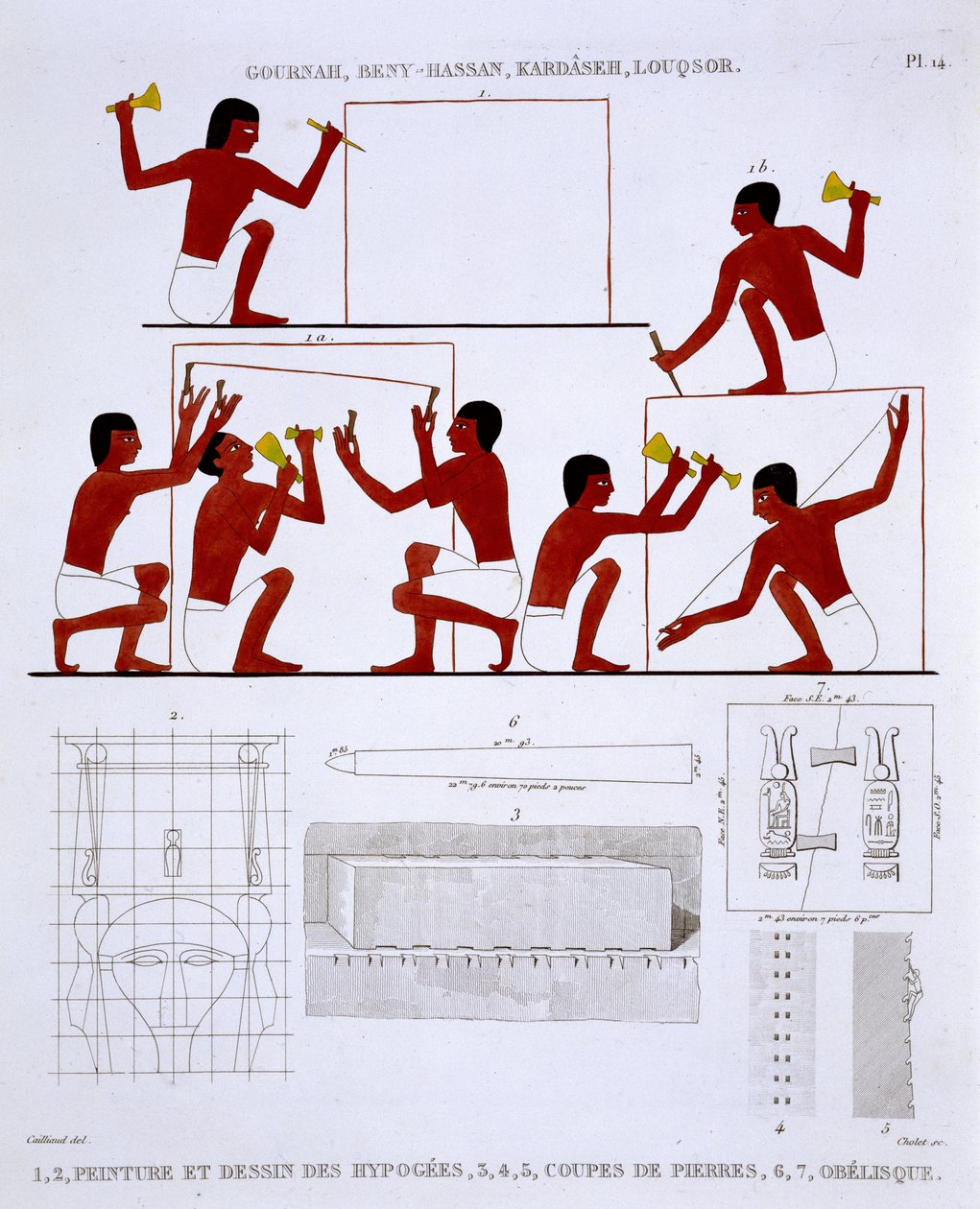 Stonemasons at Work, de um Raro Registo de Frescos de Tebas, gravado em 1819-1822 na sua segunda visita ao Egipto por Frederic Cailliaud (1787-1869), cor litho de Frederic (after) Cailliaud