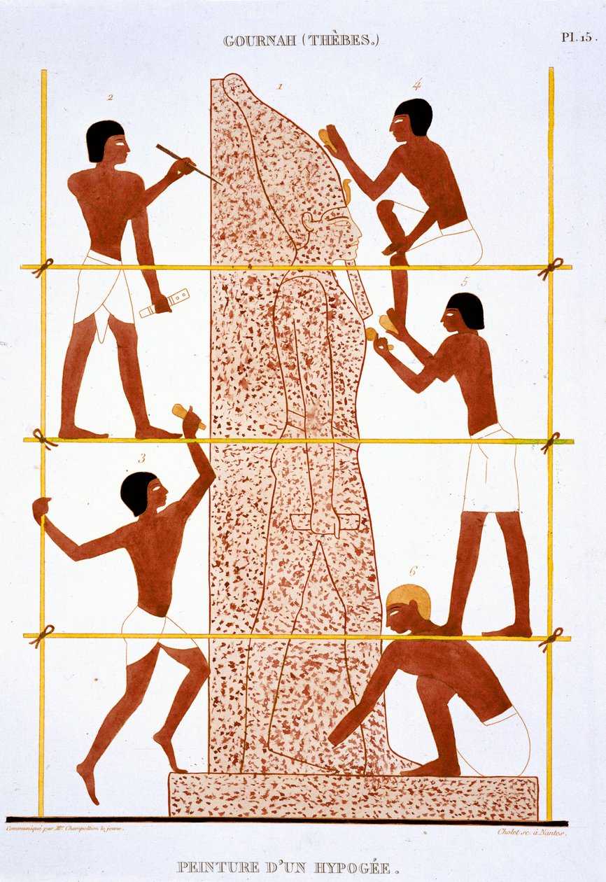 Maçons de pedra fazendo uma estátua colossal do Faraó, de um Raro Registo de Frescos de Tebas, gravado em 1819-1822 na sua segunda visita ao Egipto de Frederic (after) Cailliaud