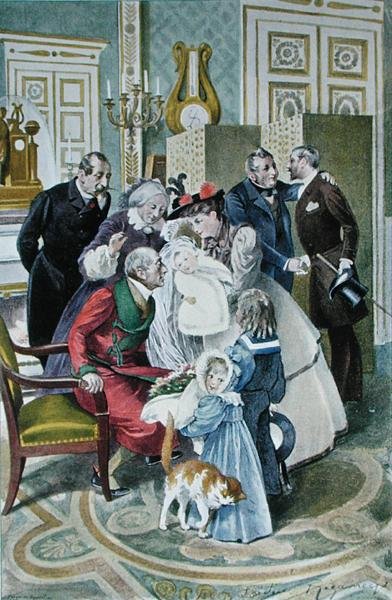 A visita aos avós, depois de uma aguarela original, no final do século XIX (cor litho) de Frederic (after) Regamey