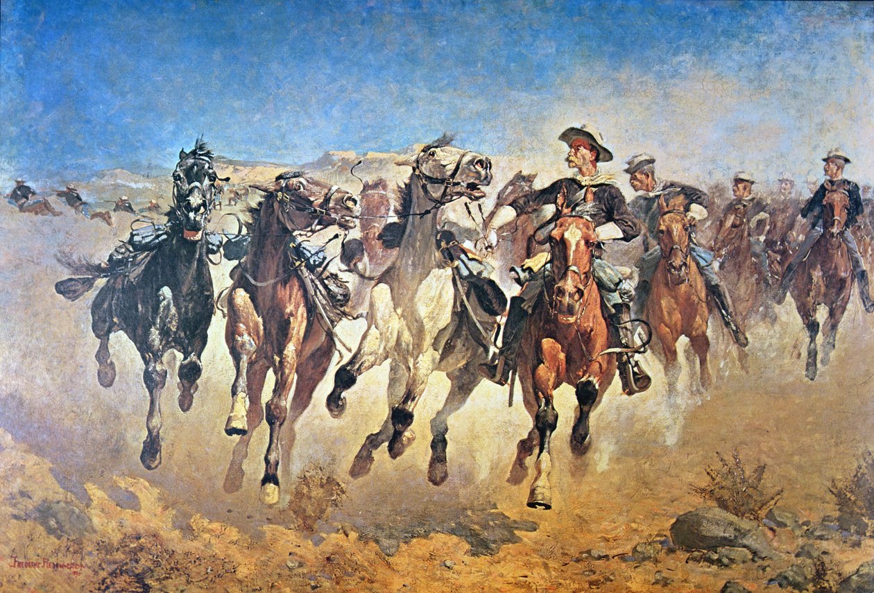 Desmontado: o 4º Troopers Moving, originalmente pintado em 1890 (cor litho) de Frederic (after) Remington
