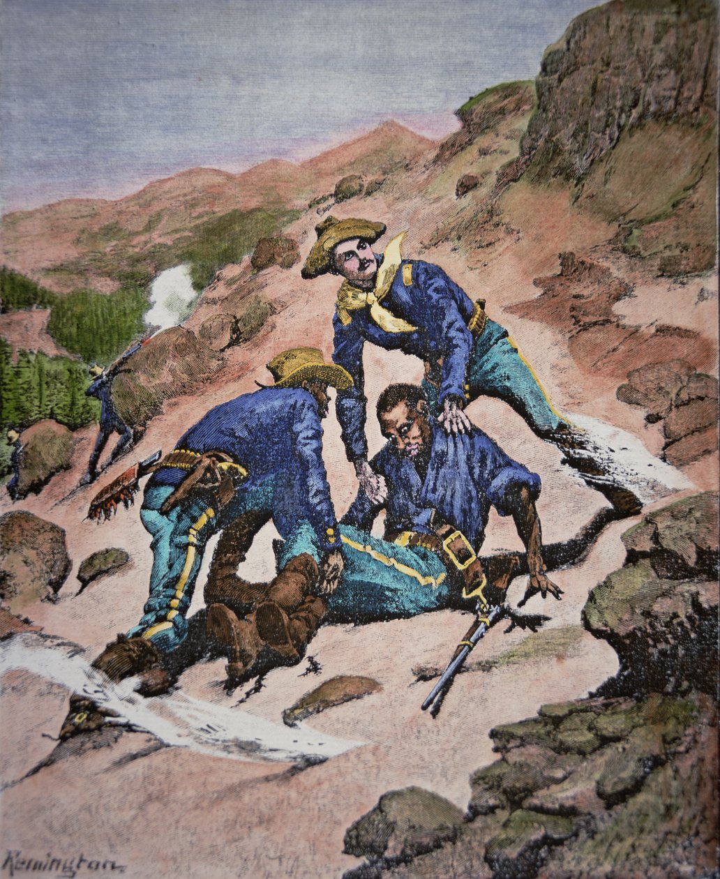 O Resgate do Cabo Scott durante a campanha Geronimo de 1886 (gravura colorida) de Frederic (after) Remington