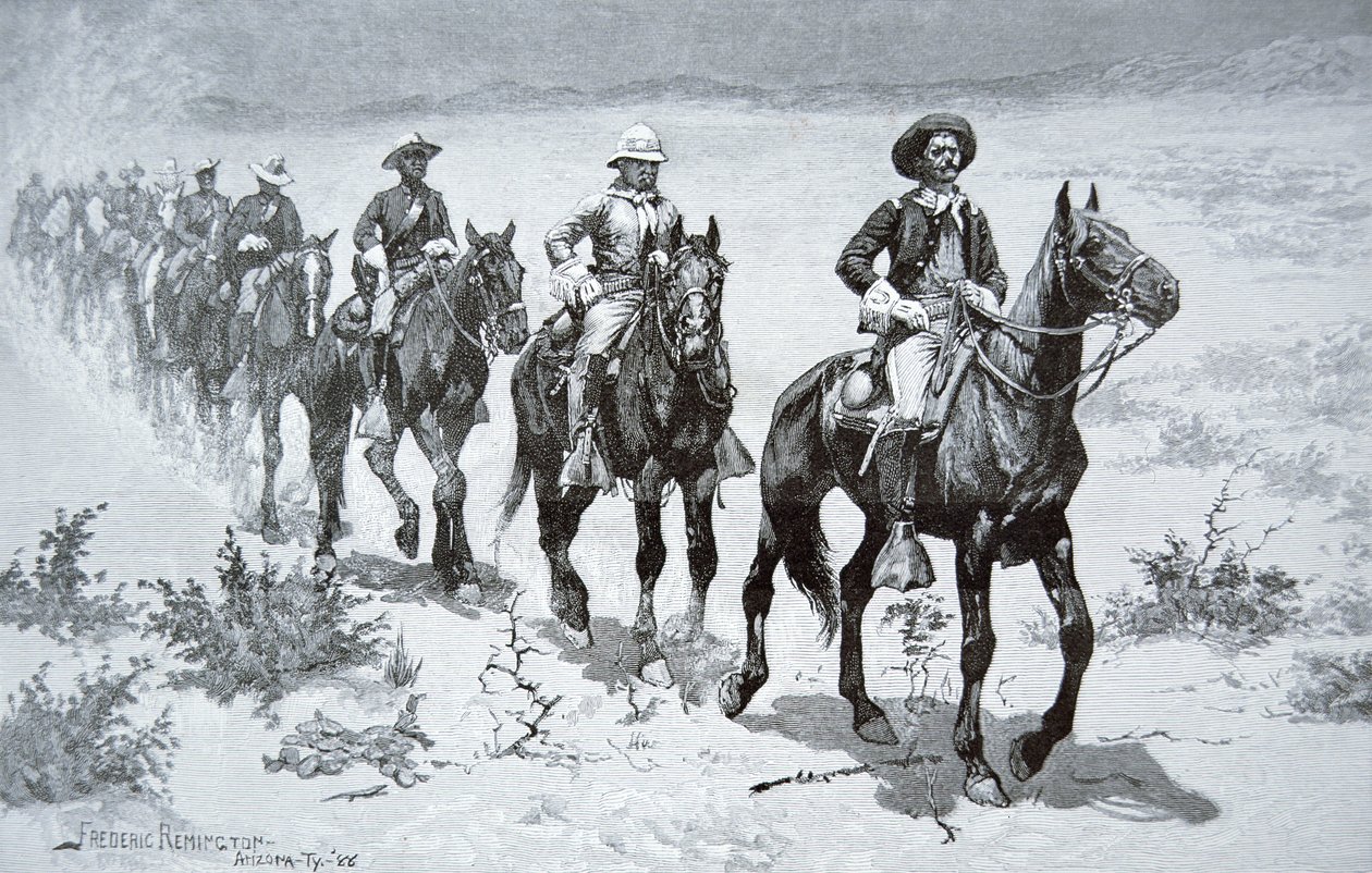 Soldados Búfalos dos EUA marchando no deserto, a partir de um desenho de 1888 (gravação) de Frederic (after) Remington