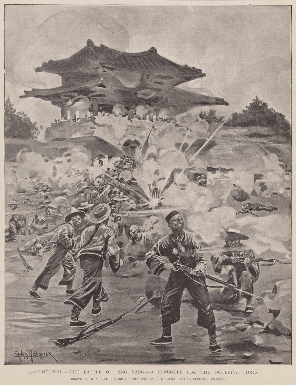 A guerra, a batalha de Ping Yang, uma luta pelos fortes periféricos (litografia) de Frederic (after) Villiers