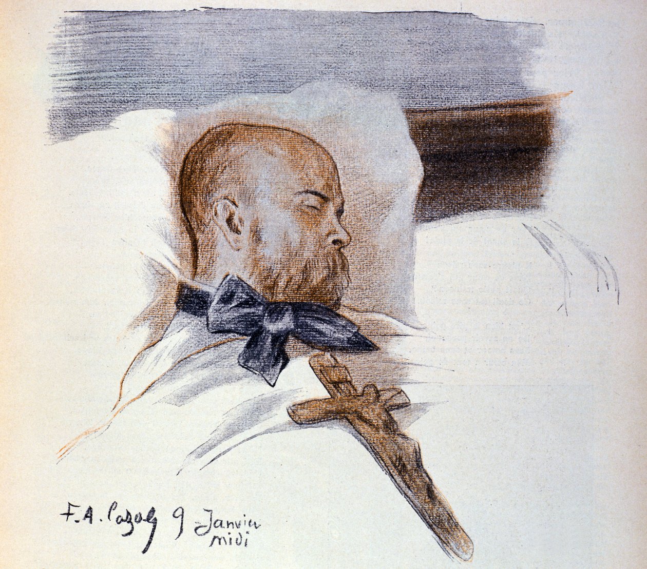 O poeta francês Paul Verlaine (1844-1896) no seu leito de morte (desenho) de Frederic Auguste Cazals