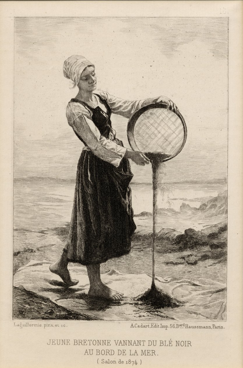 Um jovem Bretonne Winnowing trigo mourisco à beira-mar, gravado por Cadart em 1874 (impressão) de Frederic Auguste Laguillermie