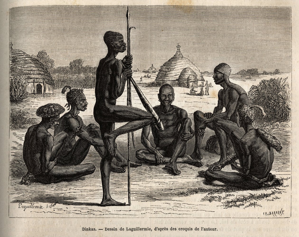 Dinkas da aldeia de Koudj (Senegal), cujo corpo coberto de cinzas, para os proteger dos insectos e parasitas é também uma característica estética e social, gravada depois do desenho de Laguillermie, ilustrando a viagem ao coração de África em 1868-1871 de Frederic Auguste Laguillermie