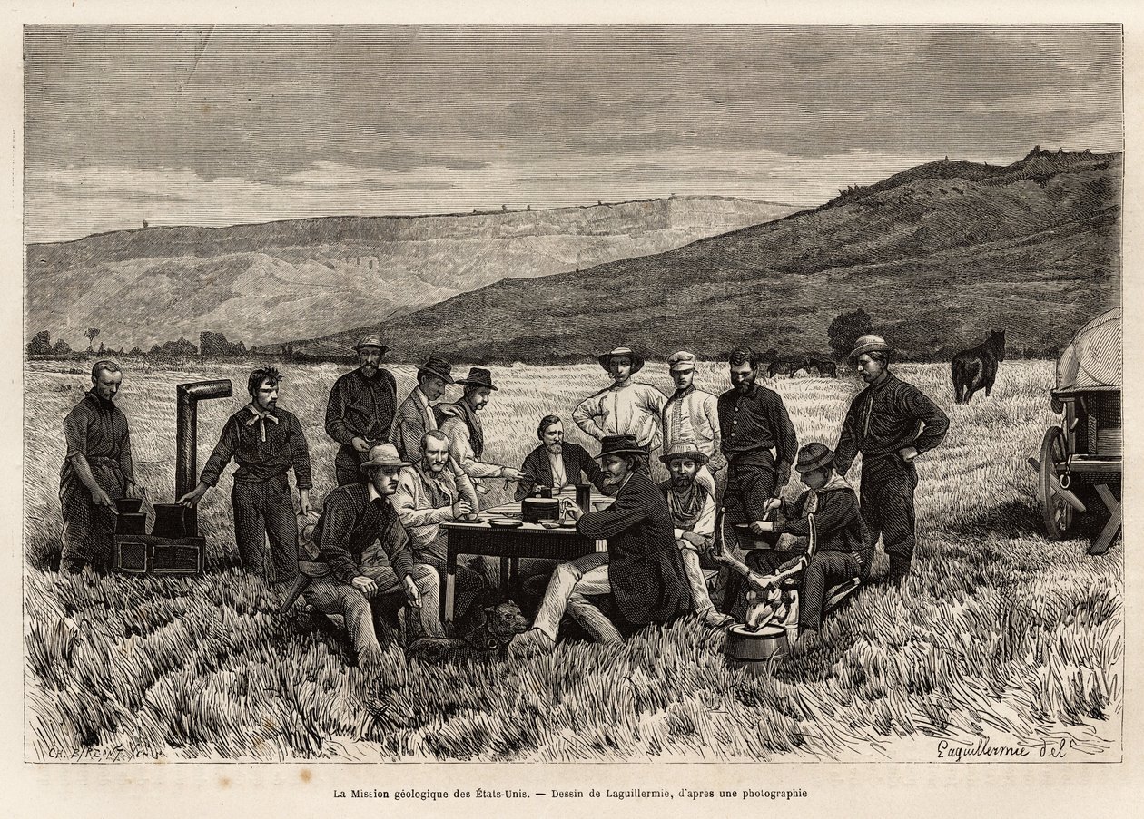 A missão geológica dos Estados Unidos é jovem na planície, gravada após o desenho de Laguillermie, ilustrando um conjunto de missões geográficas através do Parque Nacional dos Estados Unidos, de 1870 a 1872, pelos senhores Hayden, Doane e Langford, publica de Frederic Auguste Laguillermie
