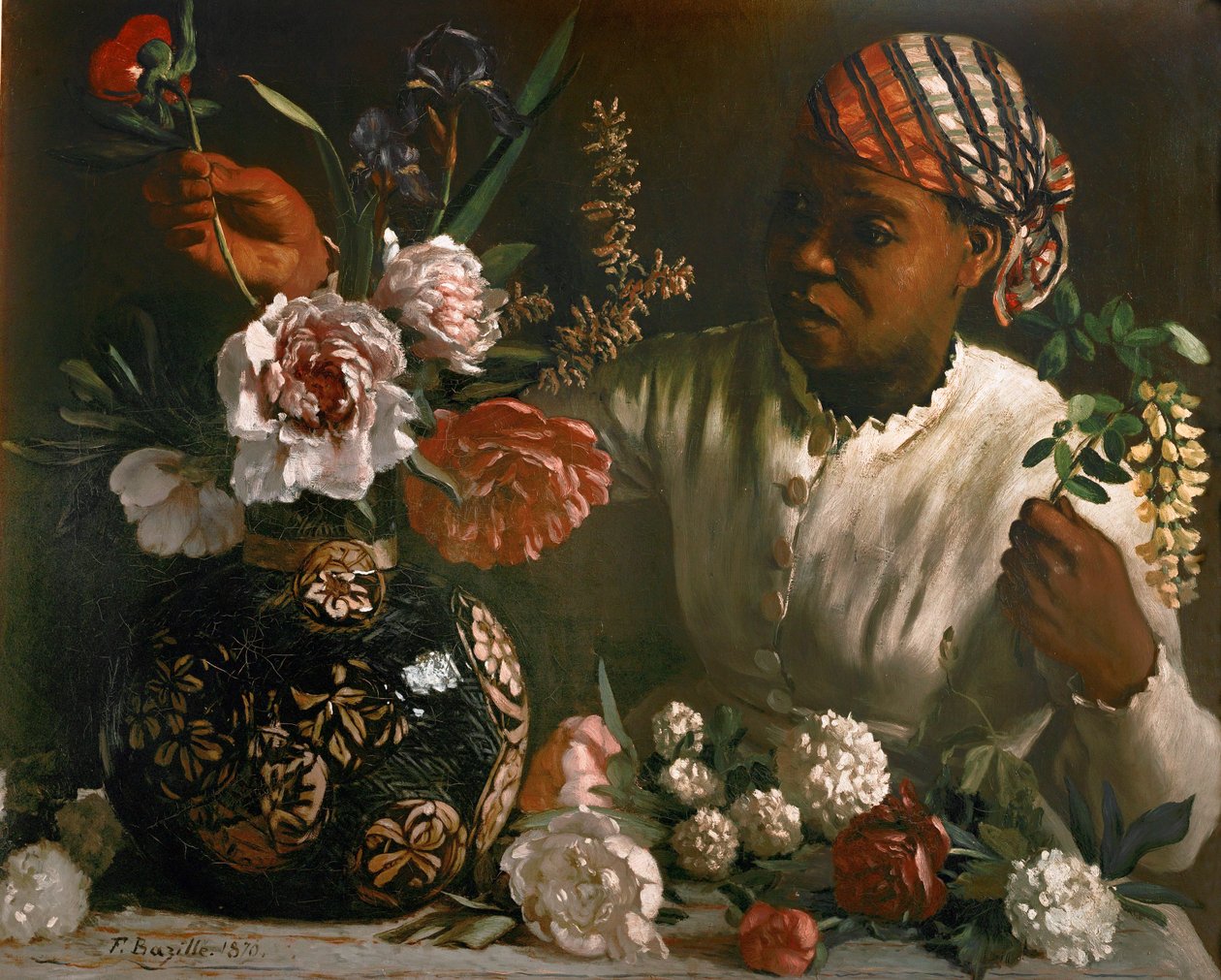 Mulher Negra com Peónias ... (óleo sobre tela) de Frédéric Bazille