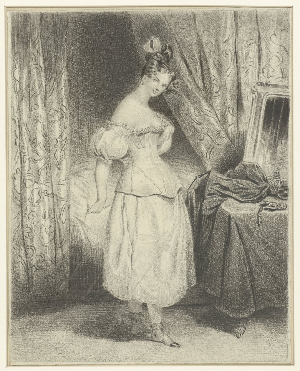 Jovem mulher no quarto, desabotoando o corpete do seu espartilho de Frederic Bouchot