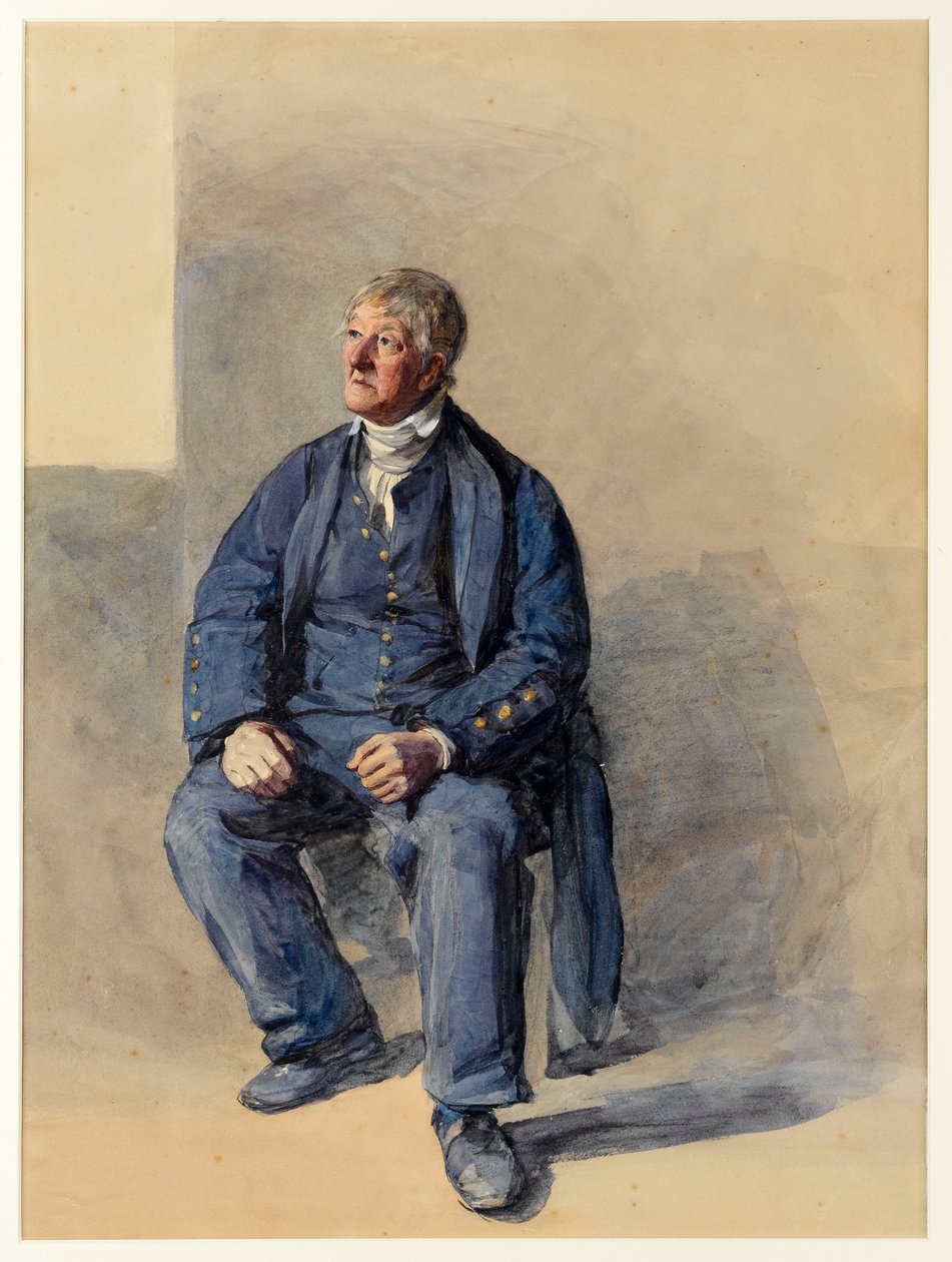 Retrato de John Lovell, 70 anos. Bargee on Thames as Greenwich Pensioner (aguarela, realçada com branco) de Frederic Cruikshank