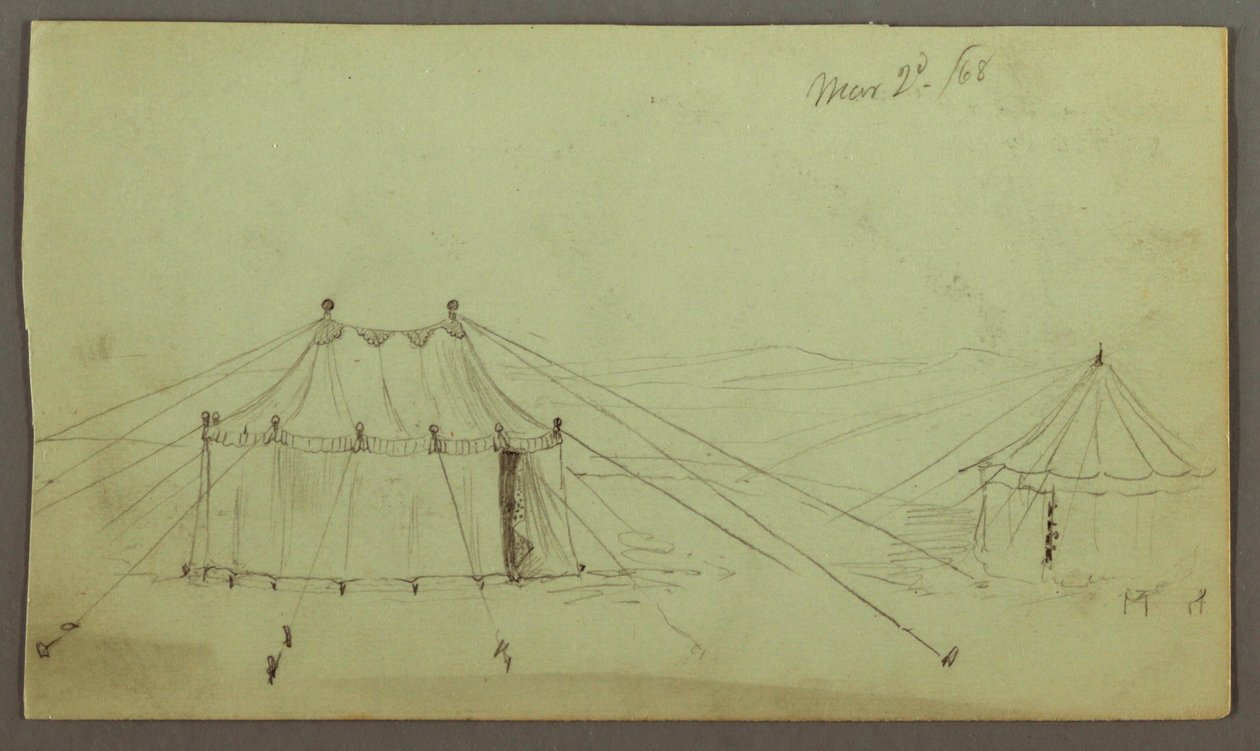 Uma tenda oblonga decorada e uma tenda circular presa por cordas de Frederic Edwin Church