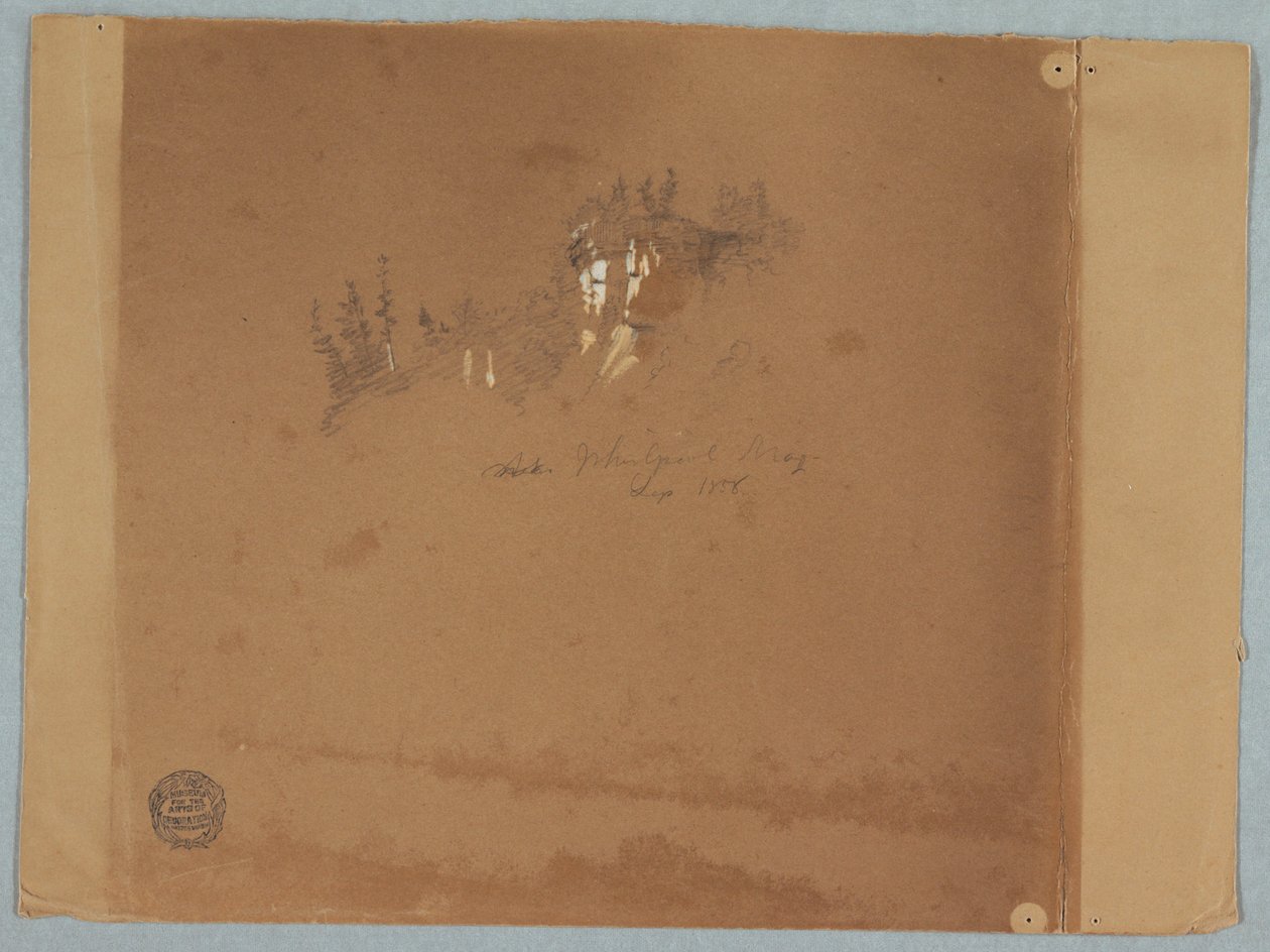 Desenho
Desenho, Niágara perto da banheira de hidromassagem mostrando árvores e uma rocha, setembro de 1858 de Frederic Edwin Church