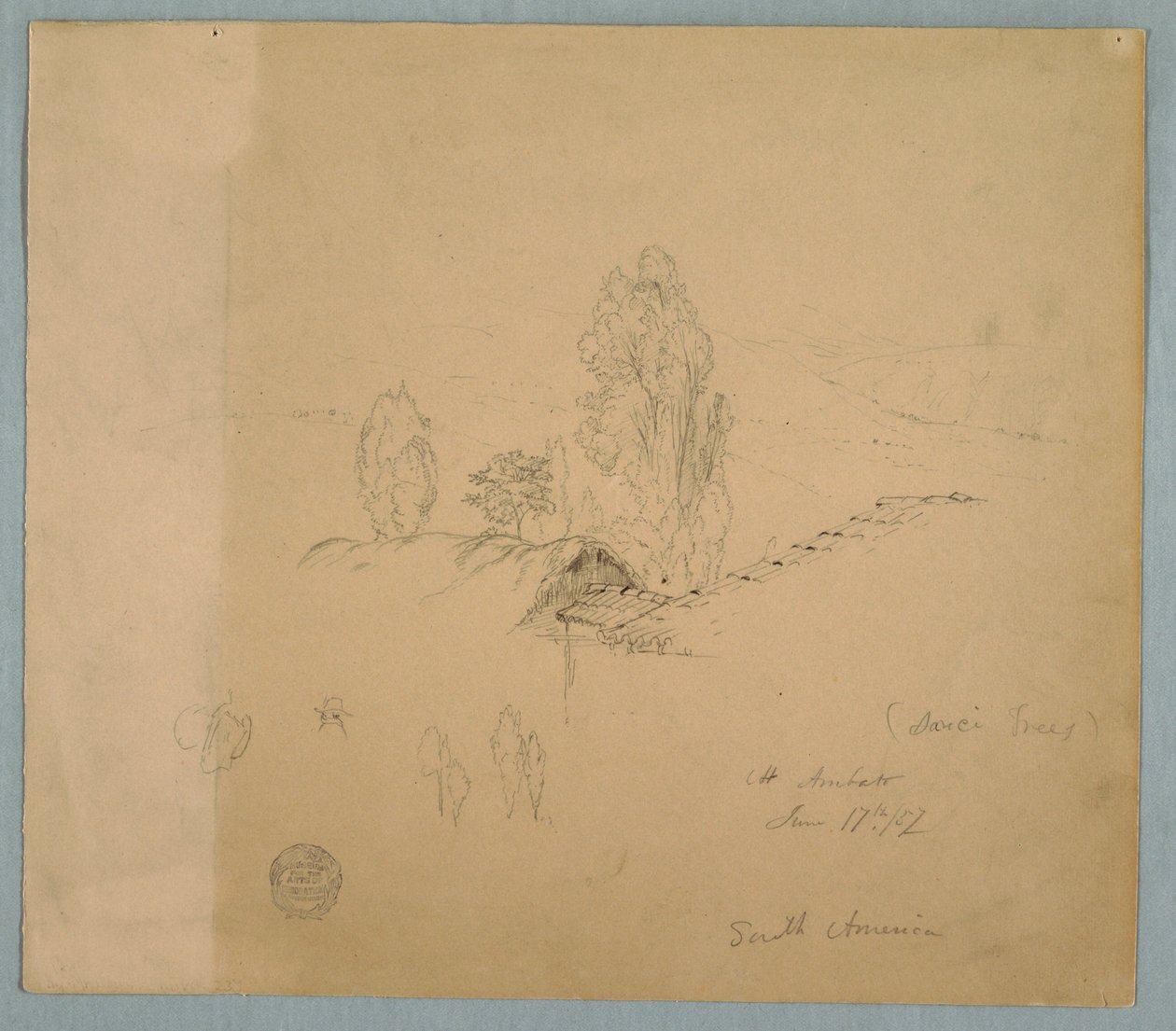 Desenho, Um telhado de colmo e um telhado de telha com copas de árvores numa paisagem montanhosa perto de Chimborazo, Ambato, Equador, 17 de junho de 1857 de Frederic Edwin Church