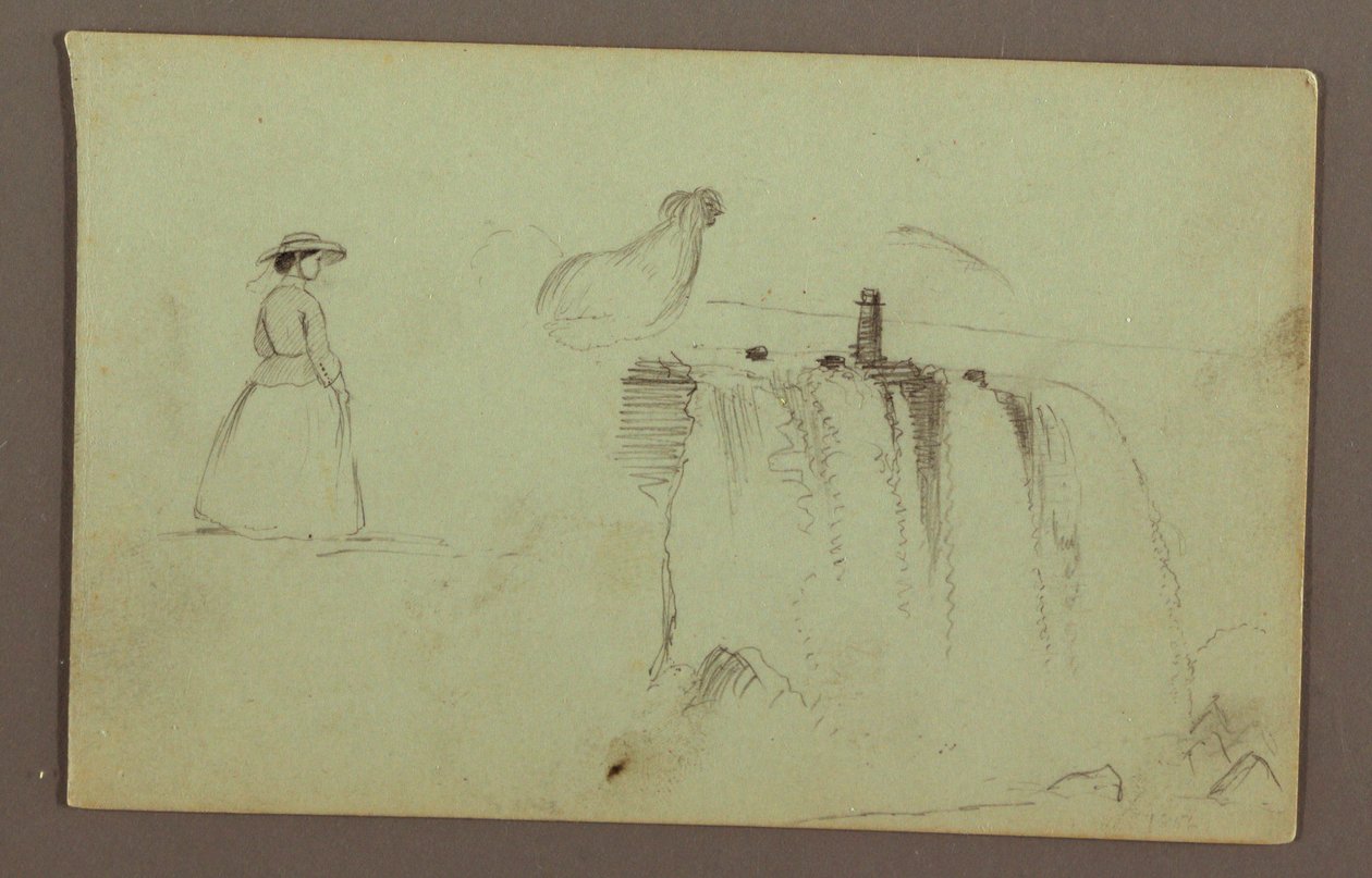 Desenho, Uma rapariga que caminha, uma galinha agachada e as cataratas americanas no rio Niagara, possivelmente 1856 de Frederic Edwin Church