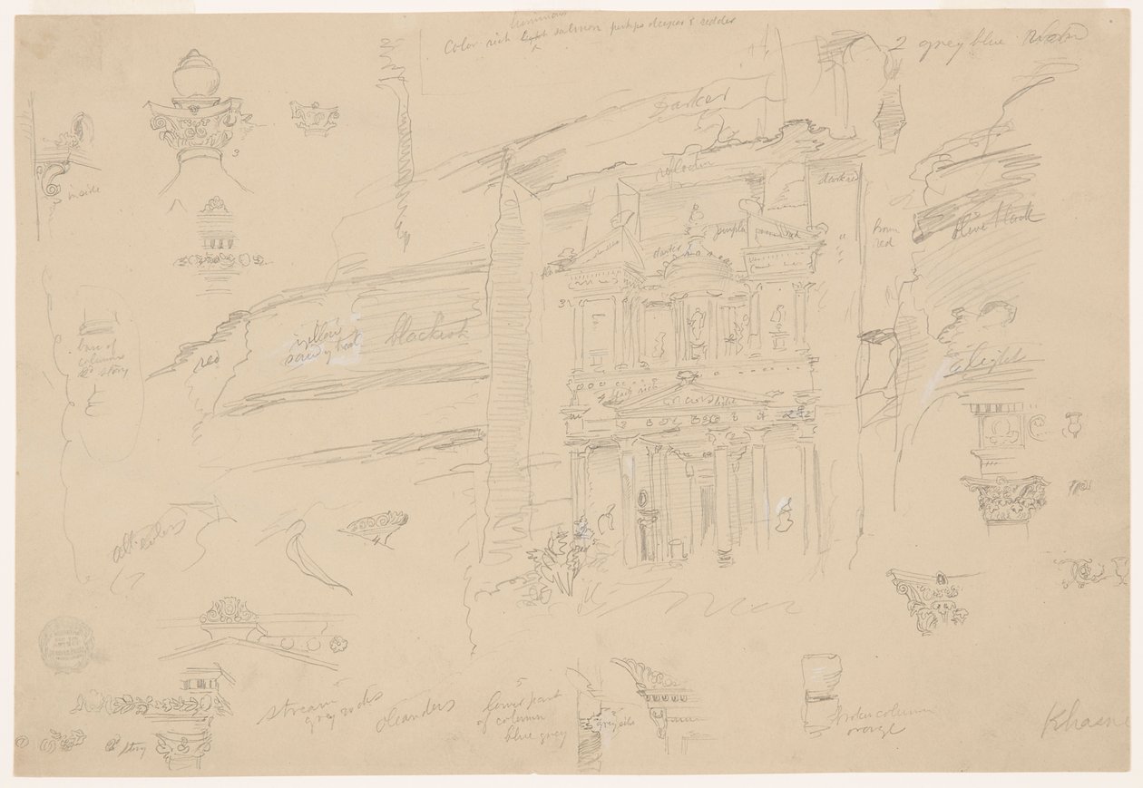 Desenho, Detalhes arquitectónicos de El Khasneh, Petra, finais de fevereiro de 1868 de Frederic Edwin Church